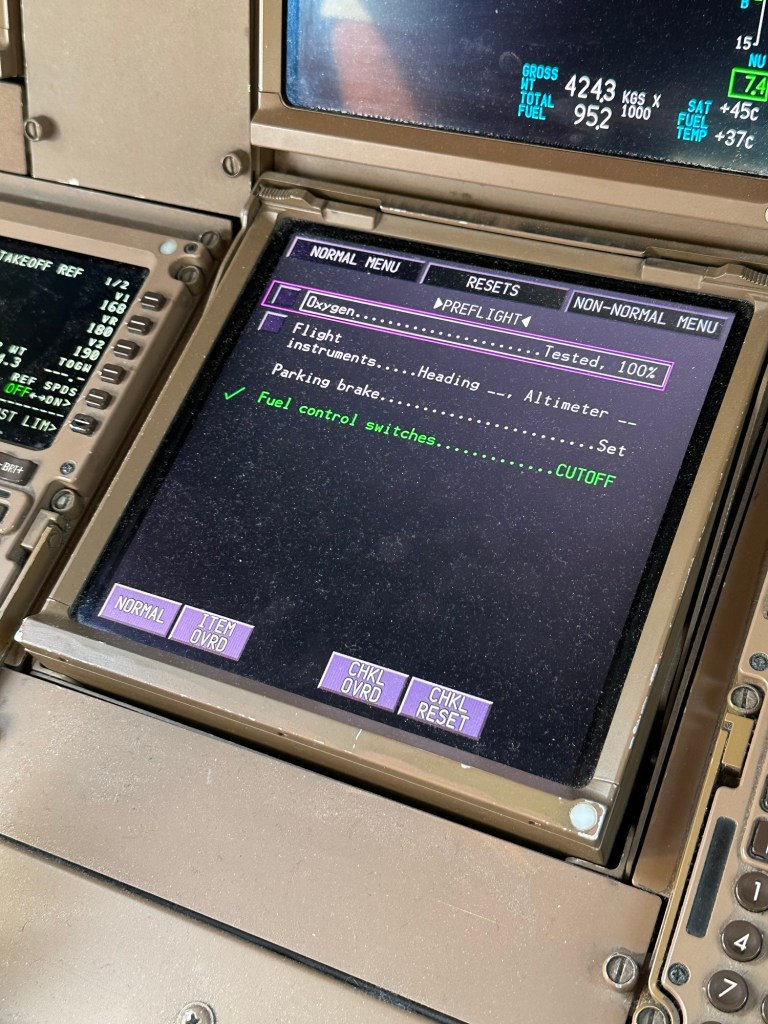 A picture of an electronic checklist, used on a Boeing 747 Jumbo Jet.